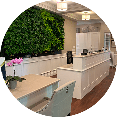 White front desk with faux leaf wall behind it